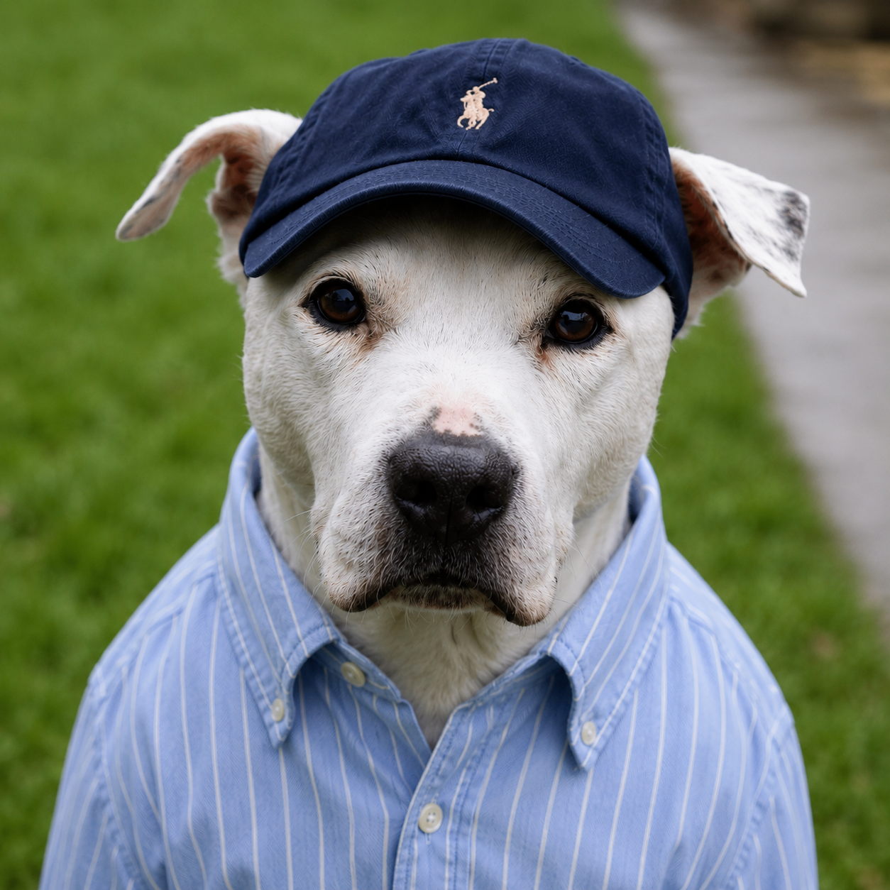 Ready the dog, a tired-looking white pitbull wearing a navy cap and a light blue striped shirt